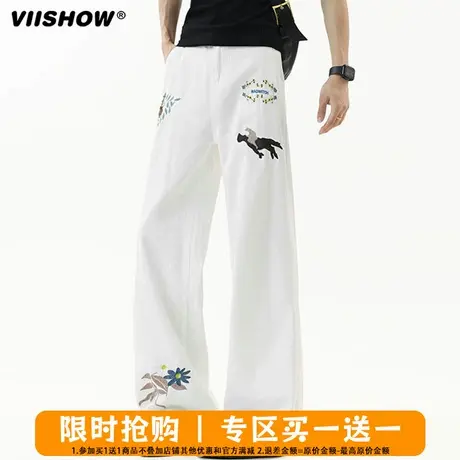 VIISHOW白色刺绣牛仔裤男女秋新款痞帅街头小众宽松百搭潮流长裤图片