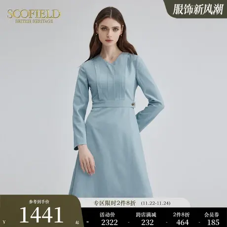 Scofield女装优雅长袖蓝色V领多巴胺通勤气质连衣裙秋季新款商品大图