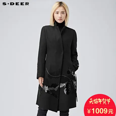 sdeer圣迪奥2018冬装闪亮贴片翻领气质修身毛呢大衣女S16481893图片