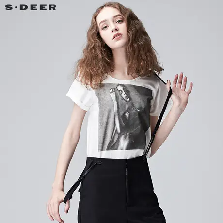 sdeer圣迪奥2019夏装潮宽松黑白人物印花圆领短袖T恤女S17280113图片