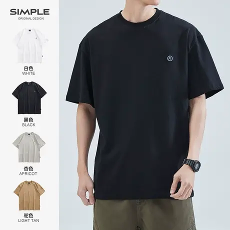 hansca 黑色重磅圆领短袖T恤男高级感夏季宽松纯棉刺绣打底衫上衣商品大图