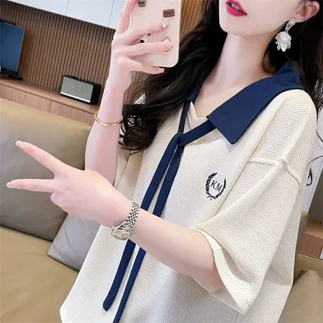 polo领短袖t恤女夏季韩版宽松大码设计感小众华夫格假两件上衣服商品大图