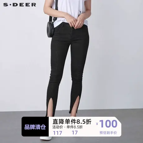 sdeer圣迪奥直筒牛仔裤女个性拼接开衩牛仔长裤女裤子秋S20380818图片