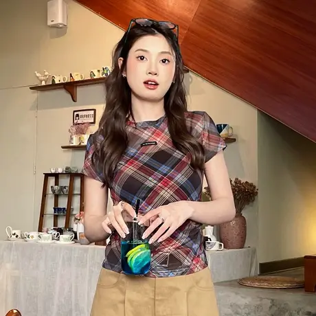 尔给夏季格纹复古短袖T恤女百搭显瘦气质修身短款网纱设计感上衣商品大图