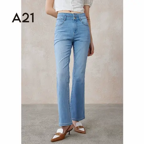 A21女装合体弹力高腰喇叭牛仔九分裤春夏季新款简约蓝色牛仔裤商品大图