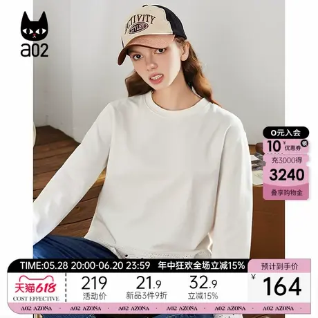 a02蕾丝下摆长袖T恤女100%棉INS潮流款花边打底衫叠穿宽松上衣图片