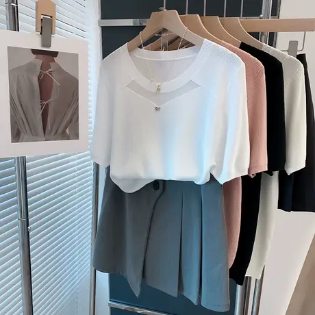 圆领冰丝针织衫女2025春夏新款套头宽松外穿蕾丝上衣薄短袖t恤衫商品大图