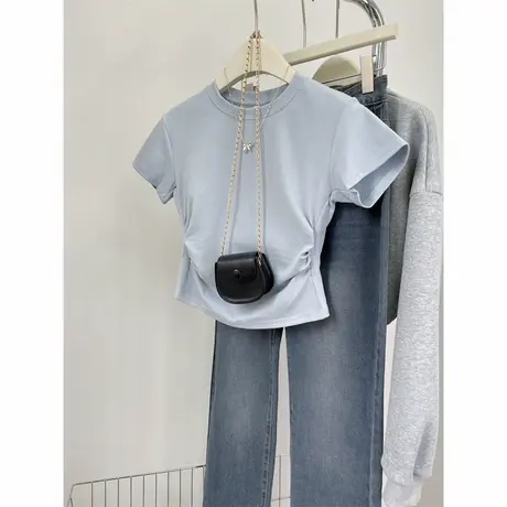 简约纯色短袖T恤女夏天韩版修身显瘦百搭辣妹抽褶收腰半袖上衣服图片