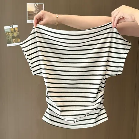 条纹一字斜肩短袖T恤女夏季修身显瘦韩版辣妹纯欲性感露肩上衣潮图片