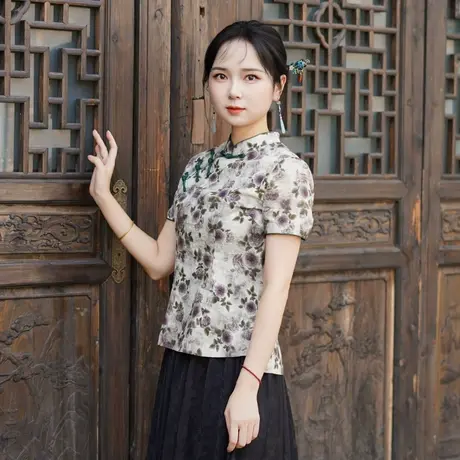 筠雅夏季新款复古改良中式唐装中国风年轻款斜襟短袖上衣女25J273商品大图