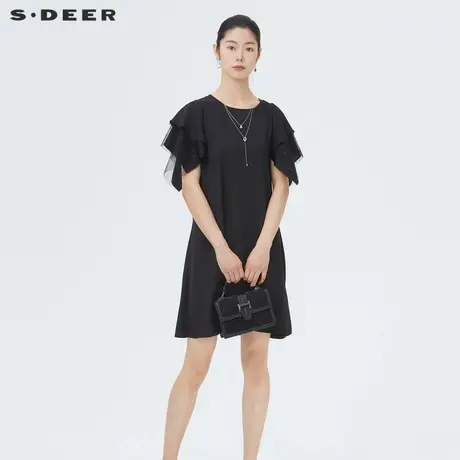 sdeer圣迪奥女装圆领波点网纱黑色短袖连衣裙S222Z122D商品大图