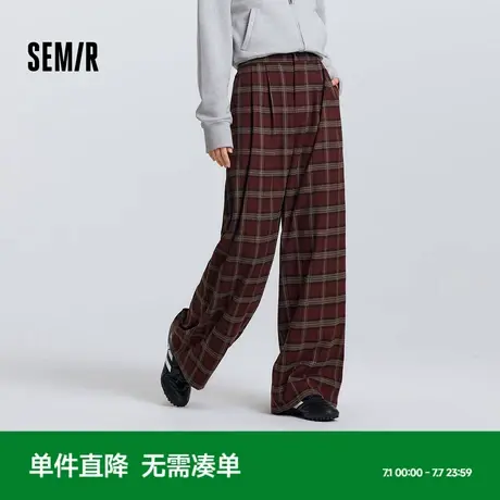 [商场同款]森马休闲裤女打褶半松紧腰长裤2025新款春季格子阔腿裤商品大图