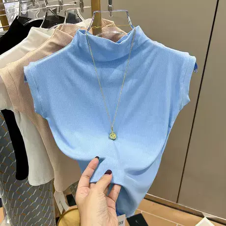 半高领无袖t恤女夏季2022年新款紧身短款纯欲上衣显胸大打底衫潮图片