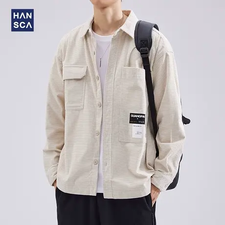 hansca华夫格长袖衬衫男宽松大码春季新款工装纯色翻领衬衣外套潮商品大图