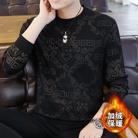 2025秋冬新款男士加绒加厚长袖T恤衫加肥加大码宽松卫衣打底小衫商品大图