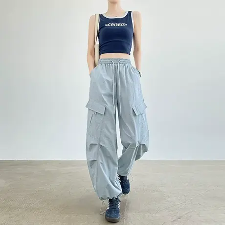 速干抗皱工装裤女夏季薄款高腰宽松防晒凉感两穿休闲阔腿伞兵裤子商品大图