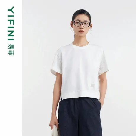 [专柜同款]Yifini/易菲宽松拼接短袖圆领休闲短款卫衣女时尚上衣图片