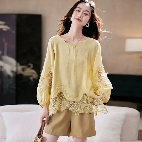 宝诗黎圆领蕾丝镂空拼接雪纺衫2025夏季洋气宽松气质显瘦套头小衫商品大图