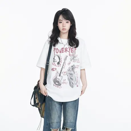 YEP2025春夏新款甜酷美式街头风印花T恤情侣款潮牌高街设计感上衣图片