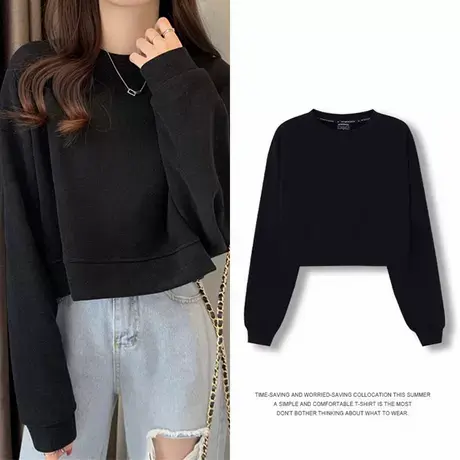 ins短款高腰露肚脐纯色春秋薄款圆领卫衣女2025新款显瘦长袖上衣商品大图