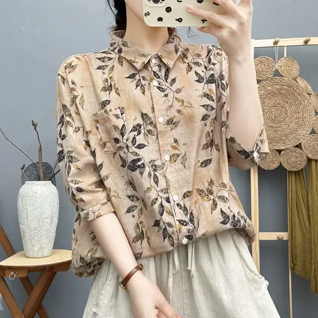 夏季韩版文艺印花纯棉中袖衬衫女学生宽松亲肤透气七分袖碎花上衣商品大图