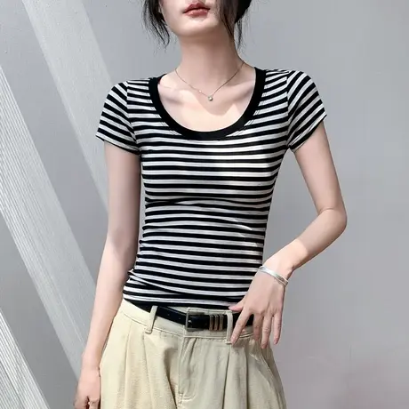 圆领条纹正肩短袖女t恤2025夏新款莱赛尔修身凉感高级流行上衣女商品大图