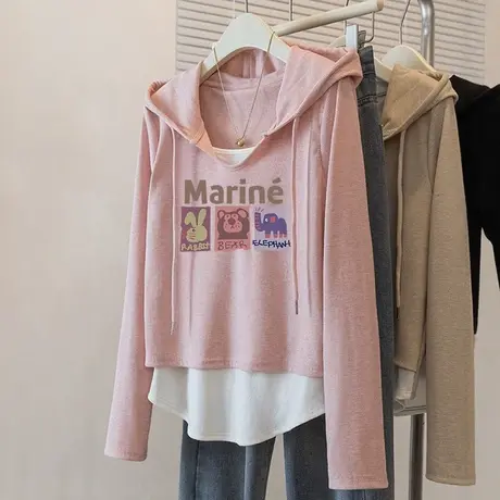 韩系chic秋冬粉色连帽卫衣女V领潮ins大码假两件打底衫慵懒风上衣图片