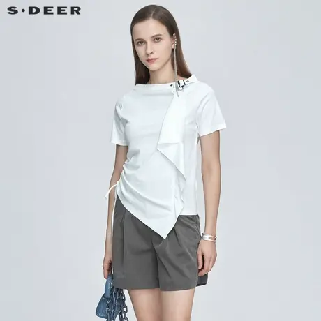 sdeer圣迪奥夏装休闲圆领绑带不规则短袖T恤女S21280105图片