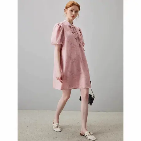 爵莱菲大码新款新中式国风泡泡袖大码连衣裙女提花盘扣宽松裙子商品大图