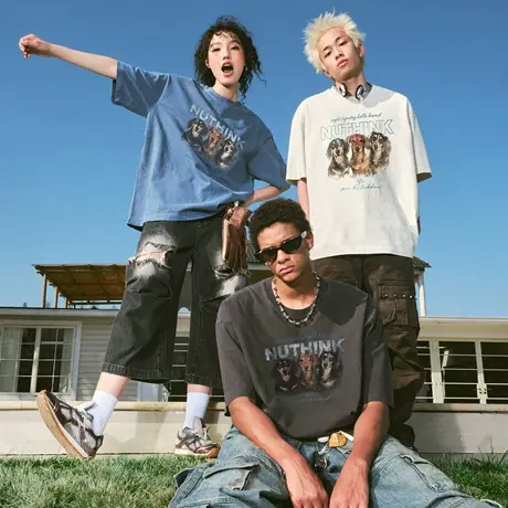 Nuthink美式复古腊肠狗小狗印花短袖T恤洗水做旧情侣2025夏新款图片