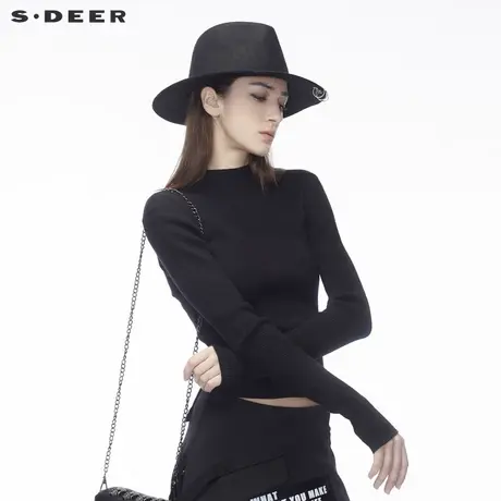 sdeer圣迪奥2019春装新品纹理前短后长半高领毛衣针织衫S18463588图片