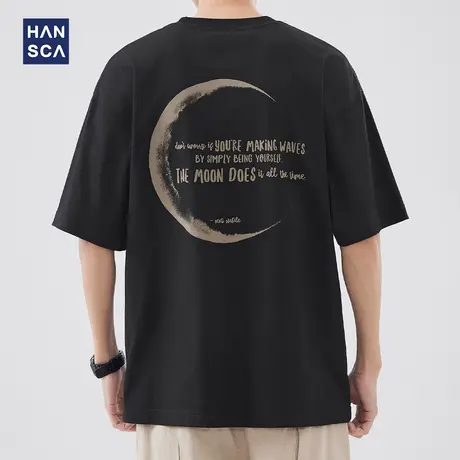 hansca 复古圆领短袖T恤男夏季新款美式街头字母做旧宽松休闲上衣商品大图