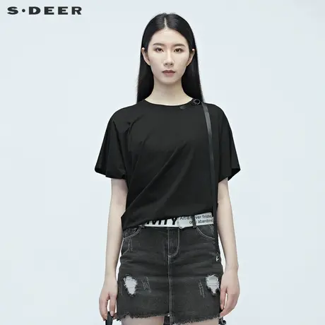 sdeer 圣迪奥 新品不规则蝙蝠袖纯黑T恤S20280151图片