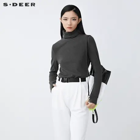 sdeer圣迪奥女装休闲堆堆领基本款套指长袖打底T恤S21460202图片