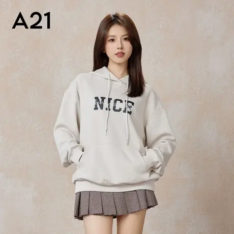 A21女装针织宽松连帽落肩无绒底卫衣春秋季长袖简约美式休闲上装商品大图