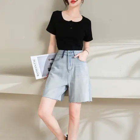 时尚牛仔短裤2024年夏季新款女高腰显瘦百搭简约浅蓝直筒五分裤图片