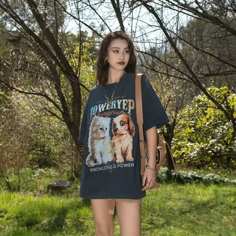 YEP美式卡通印花纯棉t恤女夏季2025新款复古宽松oversize短袖上衣图片