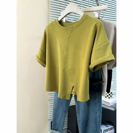chic复古港味短袖T恤女夏装韩版宽松显瘦不规则开叉短款上衣体恤图片