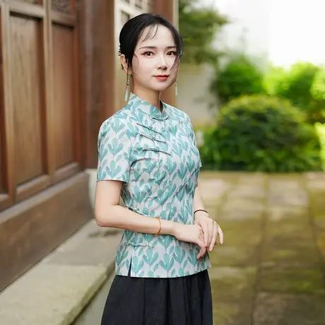 筠雅夏季新款唐装上衣女中式改良复古女士修身减龄斜襟短袖25J263图片