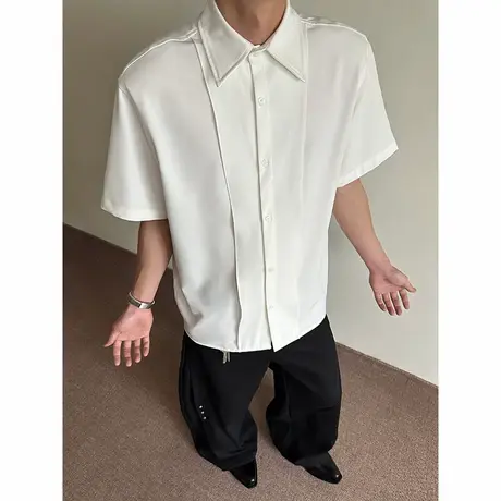 半袖衬衫男夏季2025新款休闲美式短袖衬衣港风宽松纯色翻领上衣服商品大图