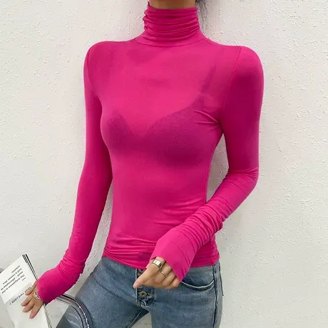 高领面膜t恤女长袖修身薄款chic早秋上衣纯欲网红内搭微透打底衫图片