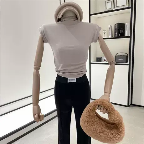2022堆堆领T恤女春季新款紧身性感高领修身显瘦内搭打底衫上衣潮商品大图