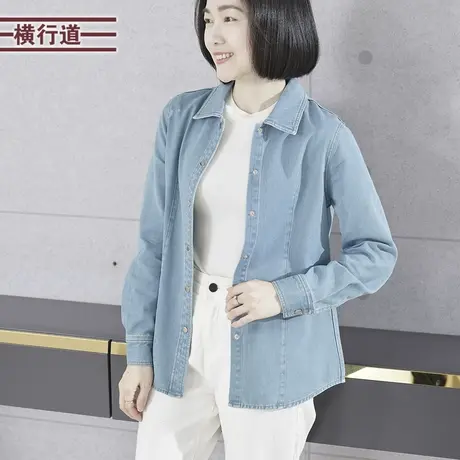 翻领合体长袖牛仔衬衫全棉纯色韩版妈妈大码外套2025新款春装女衣商品大图