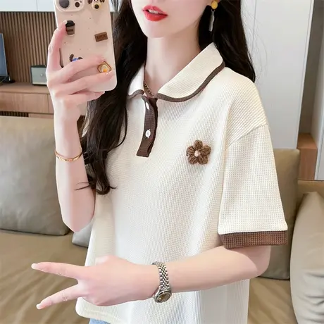 设计感小众短袖t恤女夏季韩版宽松大码女装胖mm华夫格polo领上衣图片