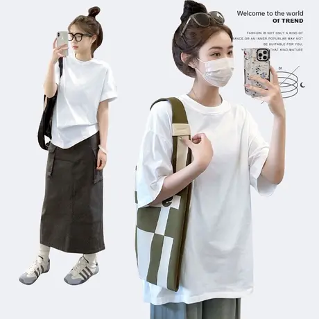爆款夏季纯棉t恤女2025新款短袖小众设计感宽松简约小众纯色上衣商品大图