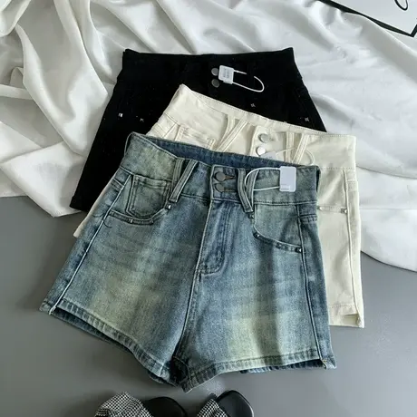 两粒扣韩版高腰牛仔短裤女韩国春季新款甜辣风修身弹力a字热裤潮商品大图
