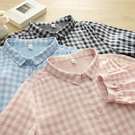 夏季韩版文艺双层棉纱格子中袖衬衫女宽松休闲五分袖上衣百搭格子商品大图