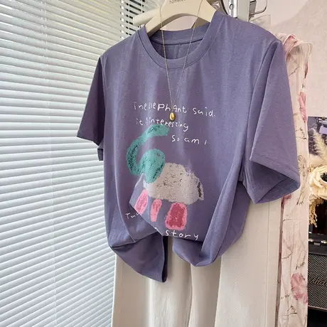 青春减龄可爱小象印花雪花棉短袖T恤女薄 宽松凉爽白色紫色体恤商品大图