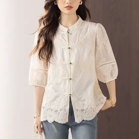 女士衬衫短袖夏季新款加肥加大码女装宽松新中式国潮文艺休闲衬衣商品大图