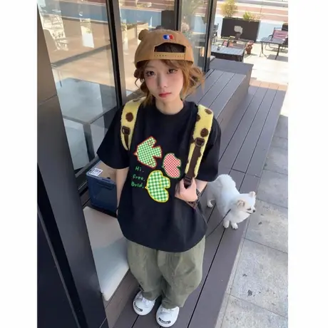 爆款夏季纯棉短袖t恤女2025新款设计感小众美式高街宽松半袖上衣商品大图